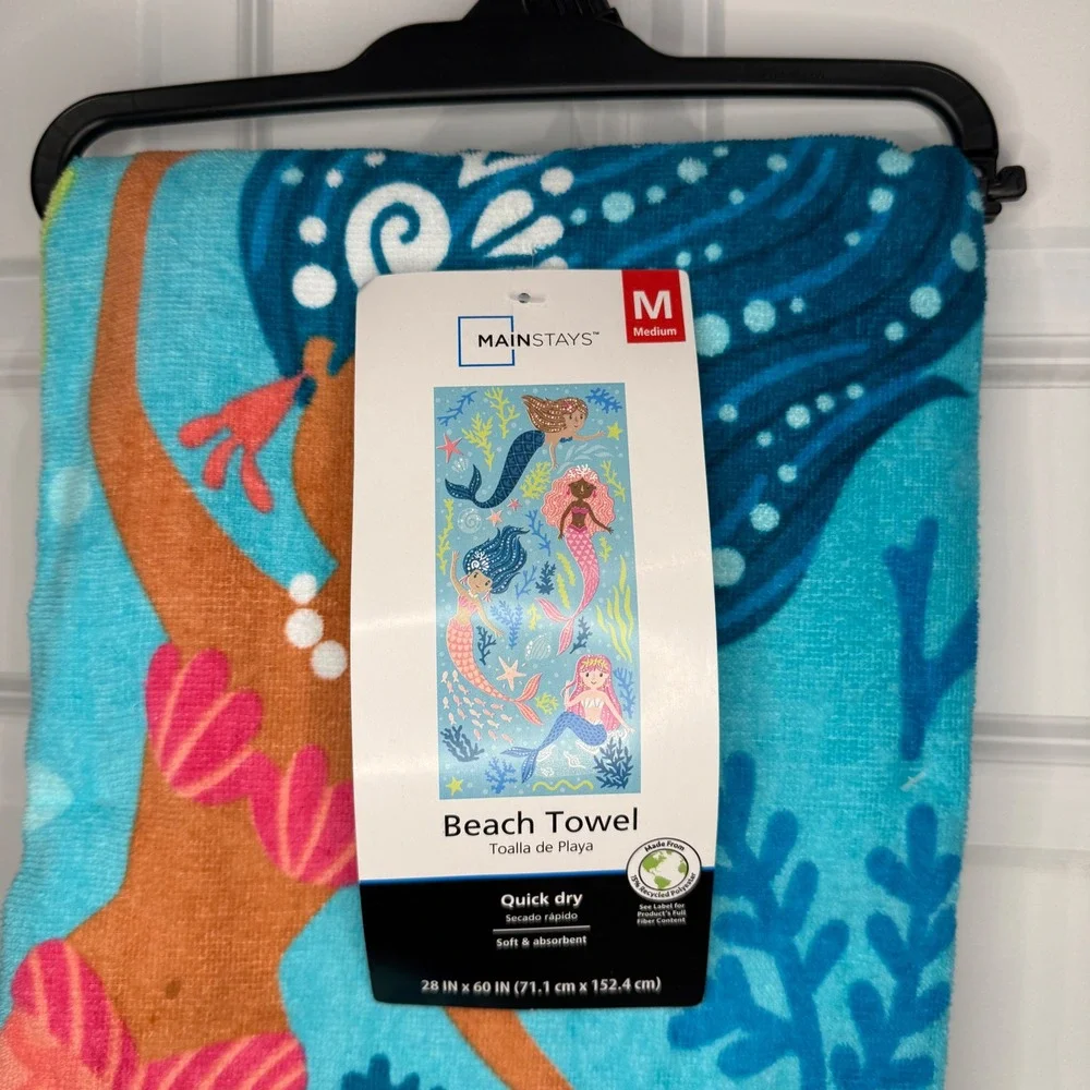 Mainstays Kids Mermaid Beach Towel Blue Quick Dry 28 x 60 NWT